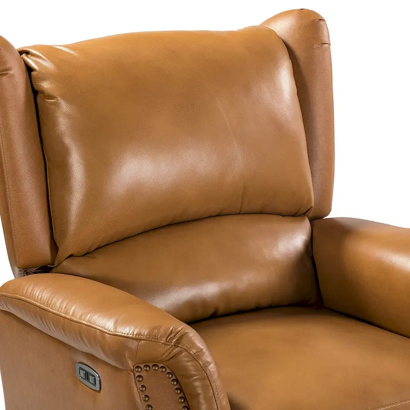 Fauteuil inclinable électrique en cuir véritable avec port USB – Dossier à oreilles et clous décoratifs, ensemble de 2