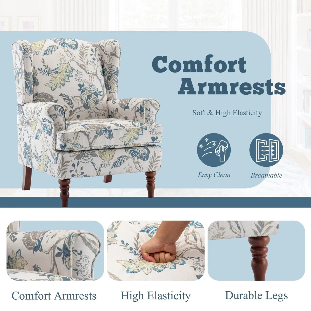 Fauteuil d'appoint moderne Erommy, fauteuil à dossier haut, canapé simple en tissu rembourré avec boutons et pieds en bois pour salon
