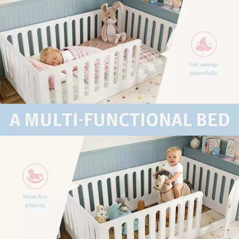 Lit Montessori au sol pour enfant, taille une place, blanc, avec barrières et porte – bois massif