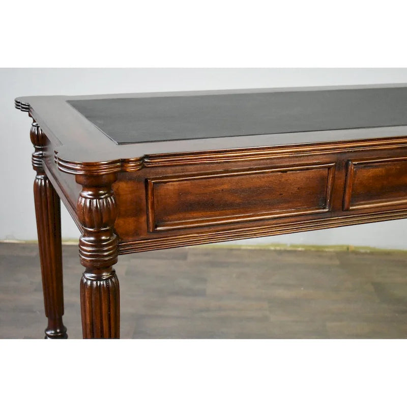 Bureau de style victorien en acajou massif brun foncé / brun clair avec sous-main en cuir noir et 3 tiroirs – Unité simple