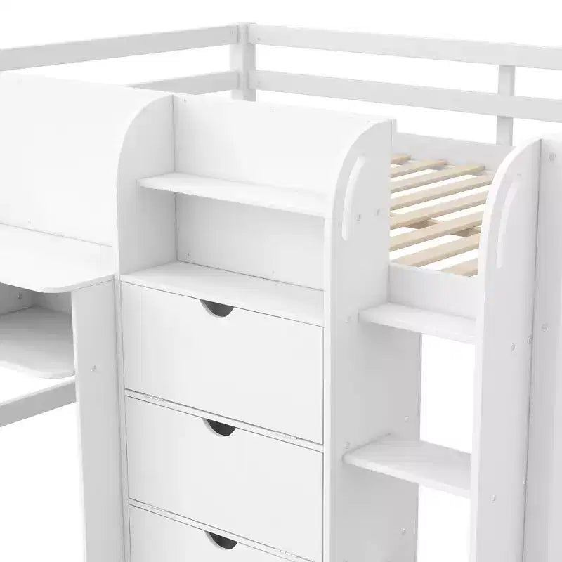 Lit bas mezzanine rose et blanc avec bureau, rangement et tableau blanc - Jumeau, 1 personne