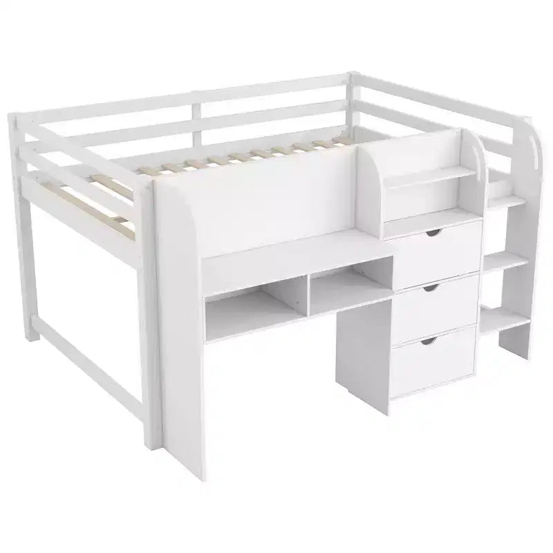 Lit bas mezzanine rose et blanc avec bureau, rangement et tableau blanc - Jumeau, 1 personne