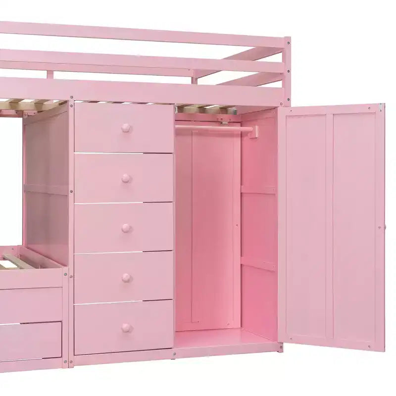 Lit superposé double sur double avec armoire de rangement et tiroirs, lit superposé double en bois peu encombrant avec garde-corps pour appartement, chambre à coucher