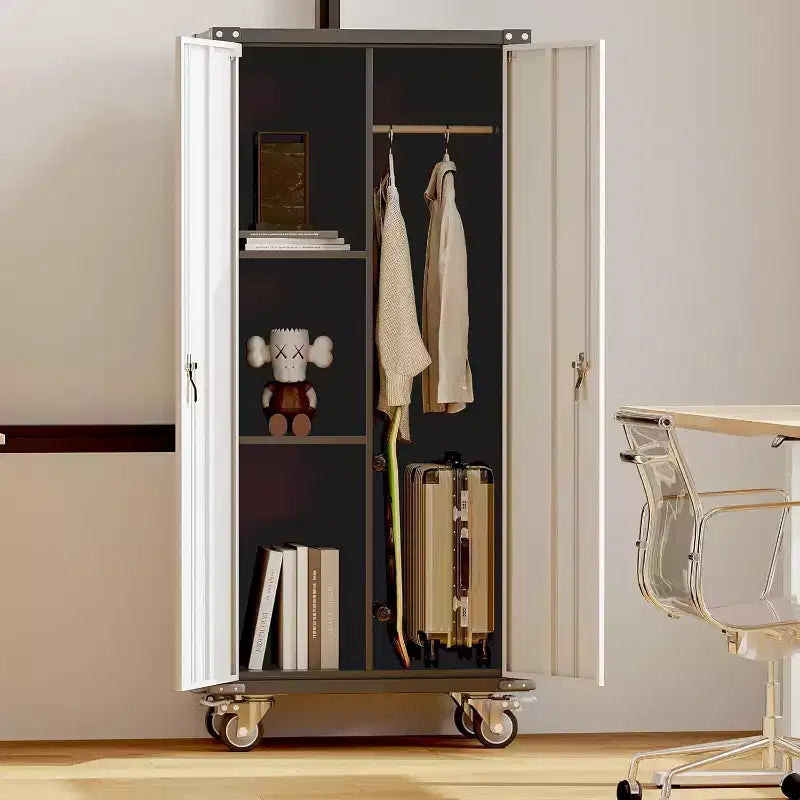 Armoire de rangement de garage avec roues et panneau perforé, armoire de rangement métallique verrouillable de 72 po de hauteur avec 2 portes et 4 étagères réglables pour atelier de garage