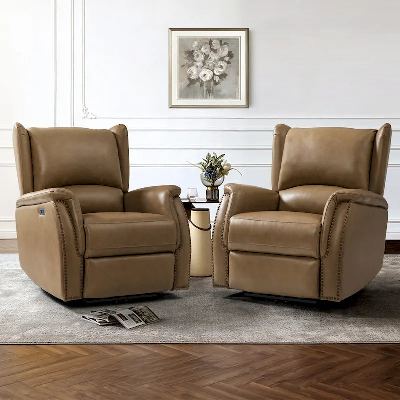 Fauteuil inclinable électrique en cuir véritable avec port USB – Dossier à oreilles et clous décoratifs, ensemble de 2