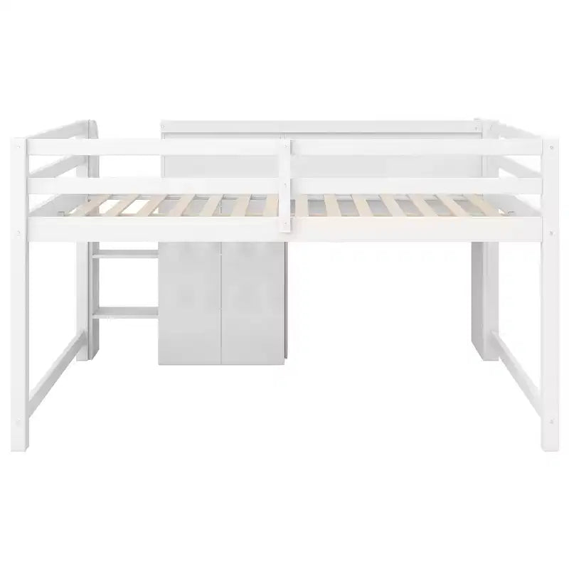 Lit bas mezzanine rose et blanc avec bureau, rangement et tableau blanc - Jumeau, 1 personne
