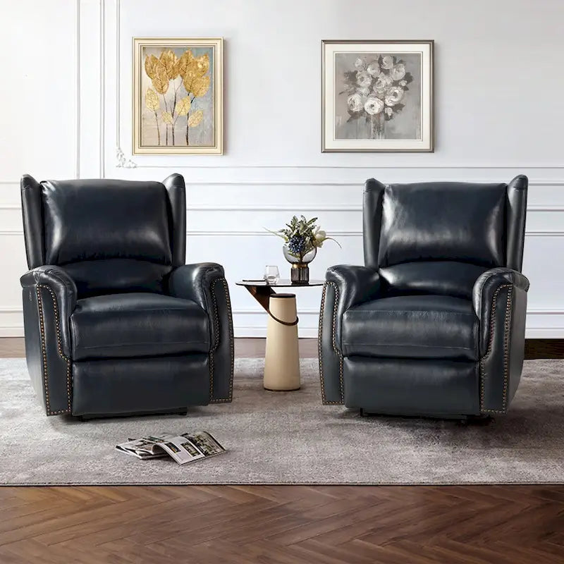 Fauteuil inclinable électrique en cuir véritable avec port USB – Dossier à oreilles et clous décoratifs, ensemble de 2