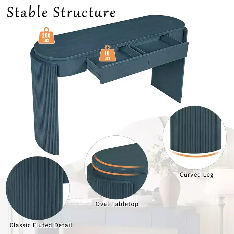 Console Merax moderne avec plateau ovale, pieds cannelés courbés et deux tiroirs dissimulés