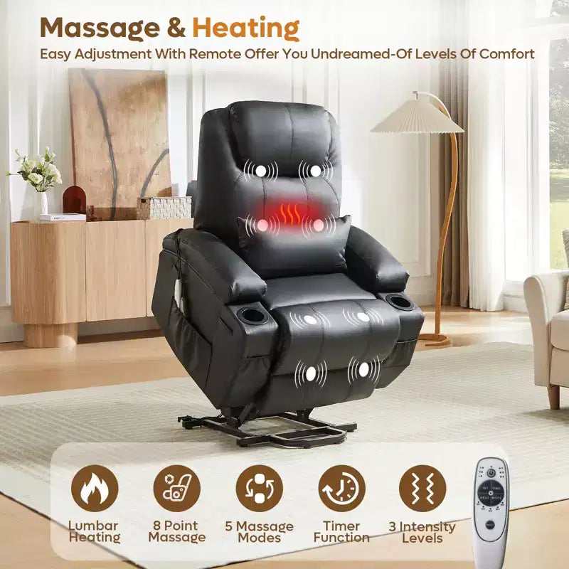 Fauteuil inclinable électrique Bestier de 88 cm avec fonction de levage, massage et chauffage, en similicuir, avec poches latérales et porte-gobelets