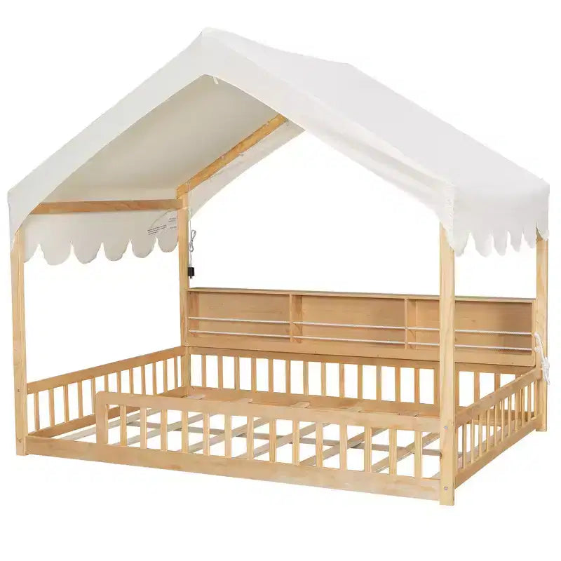 Cadre de lit en bois pleine grandeur Whisen, lit de repos en forme de maison avec clôture, 3 étagères de rangement, rideau