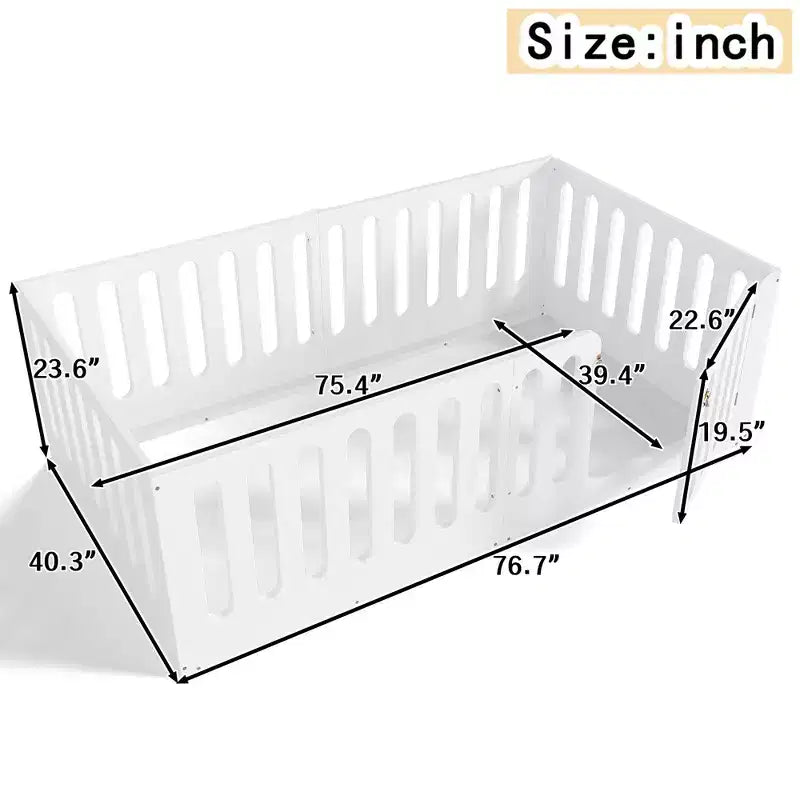 Lit Montessori au sol pour enfant, taille une place, blanc, avec barrières et porte – bois massif