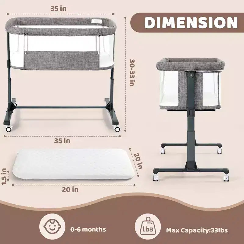 Berceau bébé avec roues – Beige / Gris / Rose, cododo, pour 1 bébé