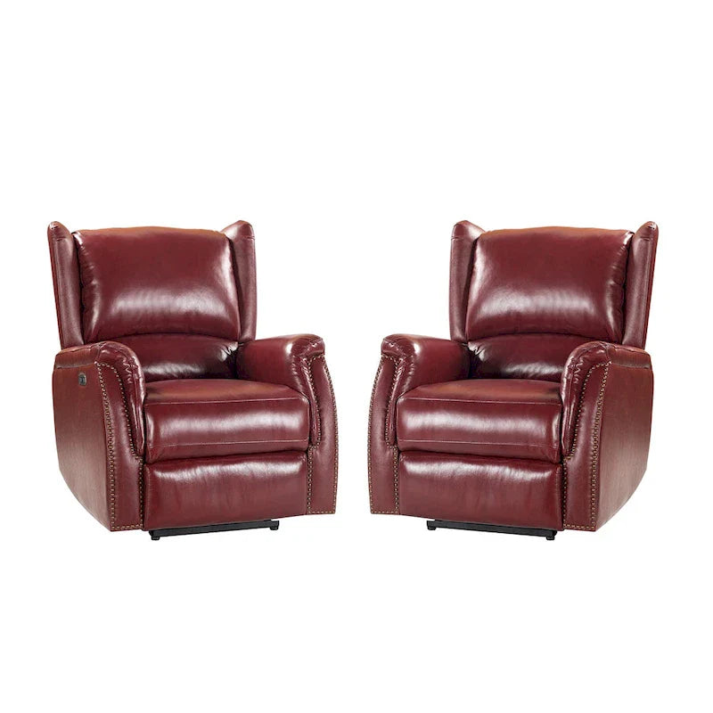 Fauteuil inclinable électrique en cuir véritable avec port USB – Dossier à oreilles et clous décoratifs, ensemble de 2