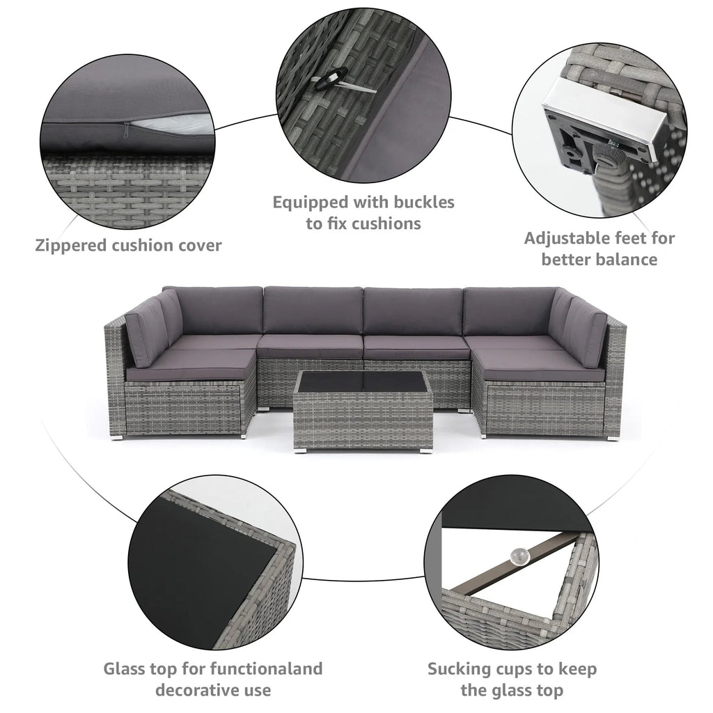 Ensemble de canapé d'angle d'extérieur 7 pièces en osier/acier avec coussins