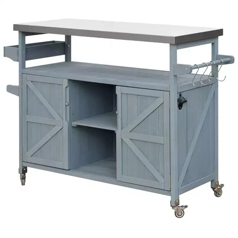 Îlot de cuisine d'extérieur Okak avec plateau en acier inoxydable, chariot de cuisine en bois avec portes, étagères et porte-épices, îlot de cuisine roulant