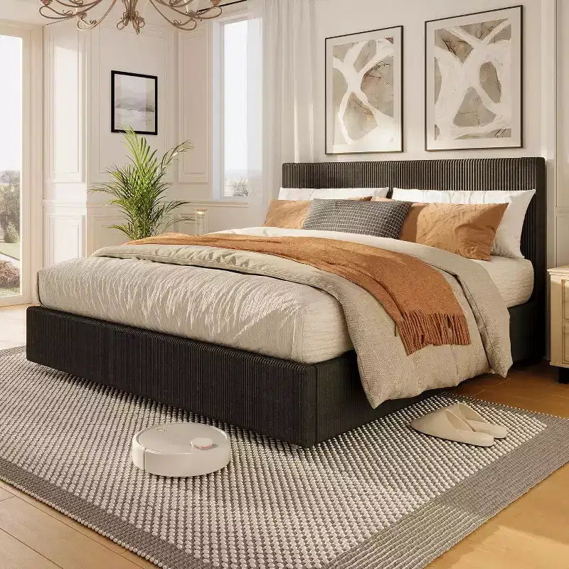 CuisinSmart Cadre de lit en velours côtelé avec tête de lit, cadre de lit rembourré avec plateforme, 4 tiroirs de rangement et support à lattes en bois