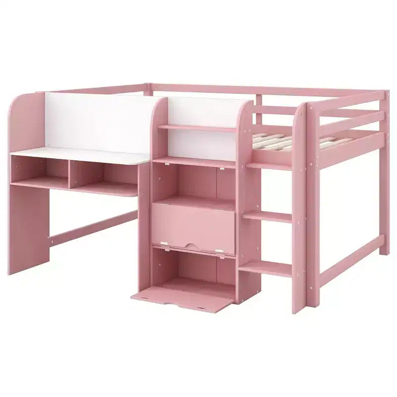 Lit bas mezzanine rose et blanc avec bureau, rangement et tableau blanc - Jumeau, 1 personne