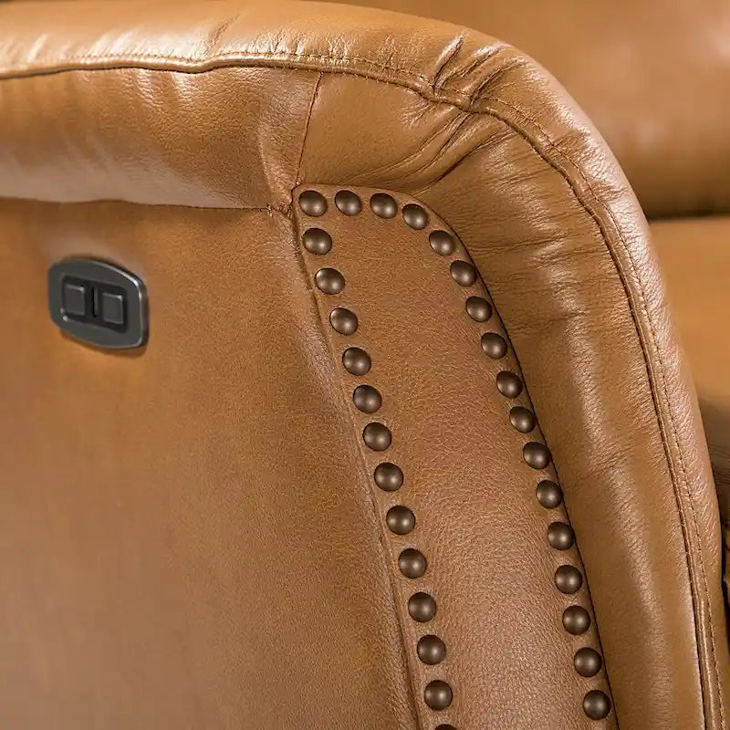 Fauteuil inclinable électrique en cuir véritable avec port USB – Dossier à oreilles et clous décoratifs, ensemble de 2