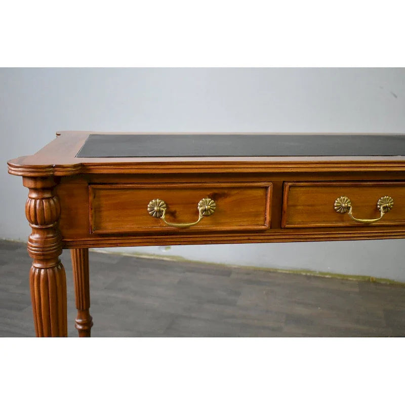 Bureau de style victorien en acajou massif brun foncé / brun clair avec sous-main en cuir noir et 3 tiroirs – Unité simple