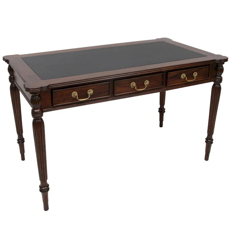 Bureau de style victorien en acajou massif brun foncé / brun clair avec sous-main en cuir noir et 3 tiroirs – Unité simple